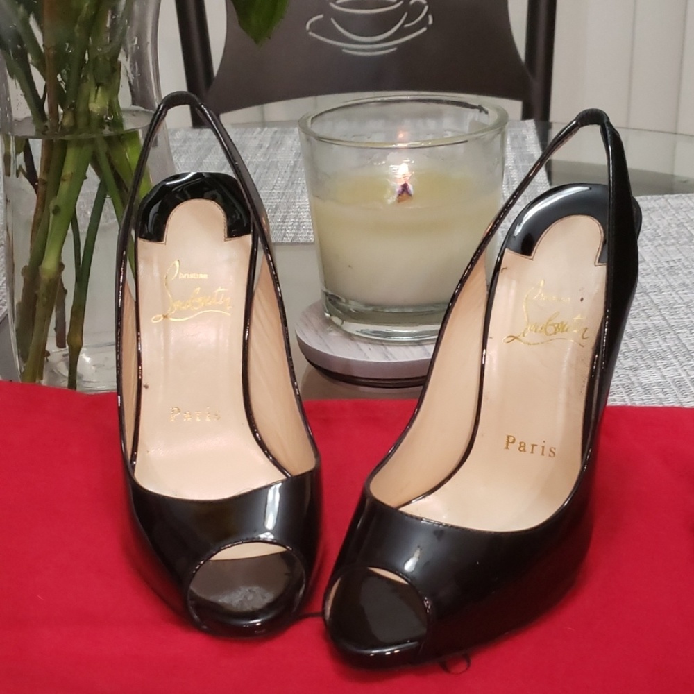 Louboutin black sling back peep toe heels